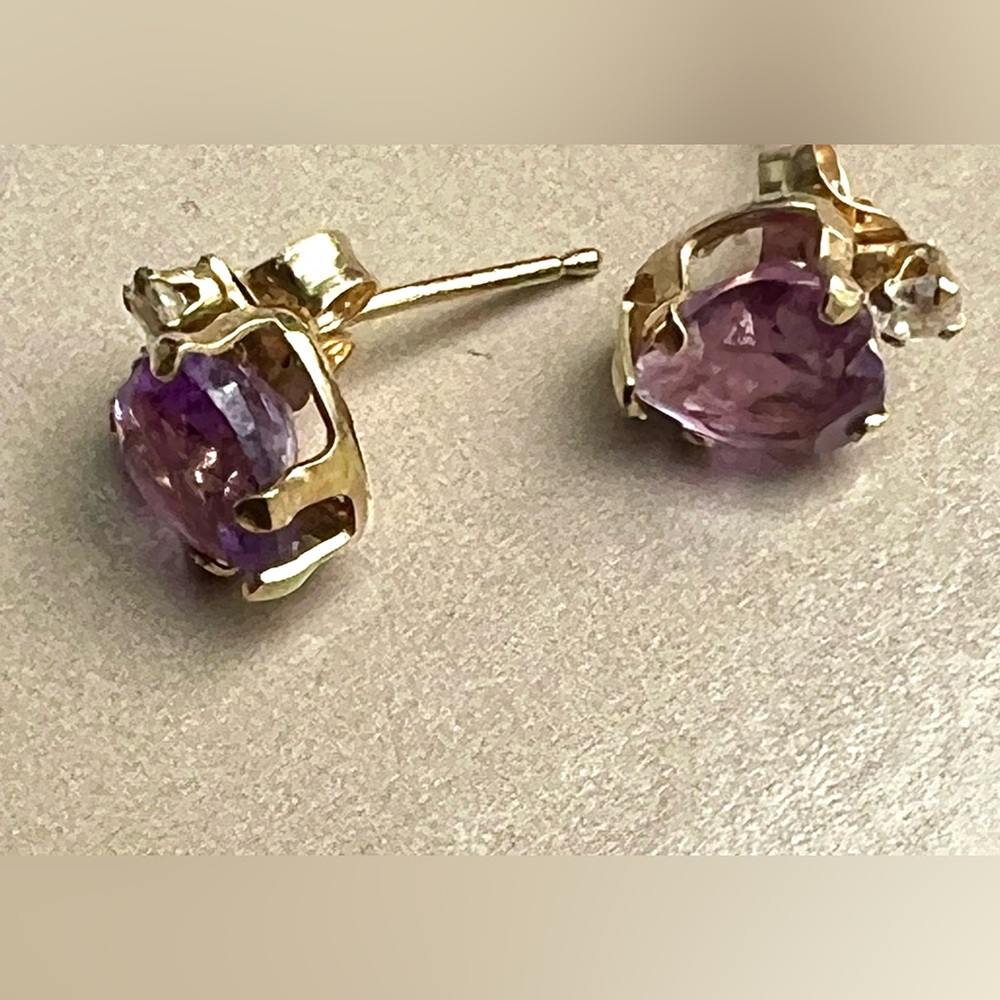 10K Yellow Gold Amethyst and Cubic Zirconia Studded Earrings